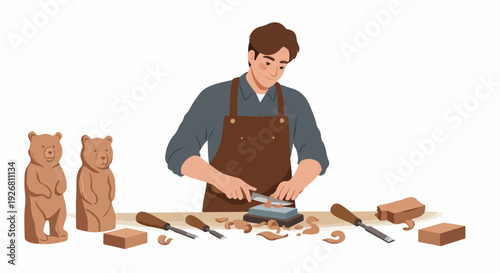 Young male woodcarver diligently sharpening tools and creating wooden bear figurines.