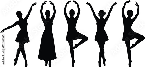 Ballet dancer silhouette collection featuring elegant ballerinas performing classical dance poses with graceful movement isolated on white background