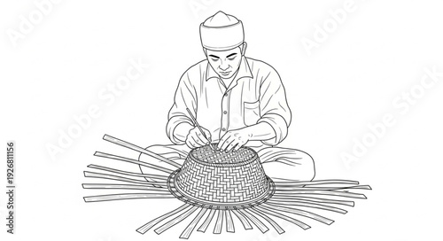 Artisan meticulously weaving a basket, demonstrating traditional craftsmanship and skill with focus.