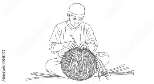Artisan meticulously weaving a basket, demonstrating traditional craftsmanship and skill.