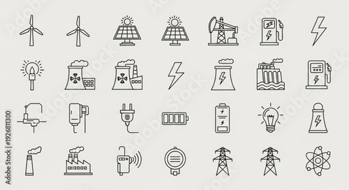 Collection of energy icons representing various power generation methods and sources.