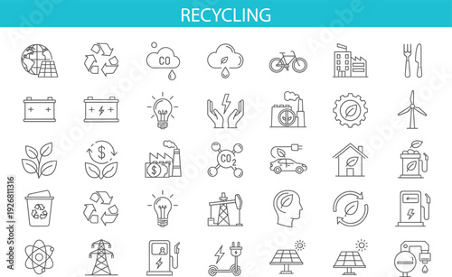 Renewable energy and sustainability line icon set with solar panels, wind turbine, electric vehicle, recycling, carbon emissions and green technology outline vector collection