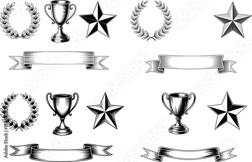 Premium trophy award set with vintage laurel wreaths stars and elegant banners vector illustration for sports achievements and academic excellence celebrations
