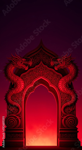 An ornate red archway with dragon carvings against a dark background.