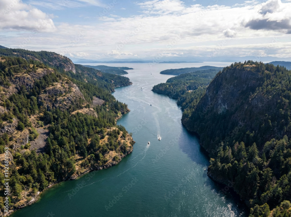 Fototapeta premium Aerial view of a wide, calm river flowing between lush green forested hills and mountains towards the ocean under a cloudy sky.