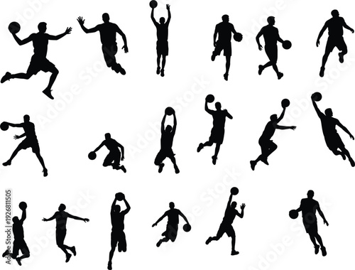 Professional basketball players silhouettes in action jumping dunking and dribbling set of athletic male figures for sports competition graphic design