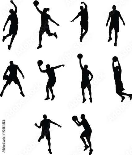 Professional basketball players silhouettes in action jumping dunking and dribbling set of athletic male figures for sports competition graphic design