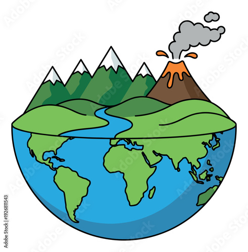 Hand drawn line art illustration of the earth depicting a cross section with mountains, a river, and an erupting volcano for environmental and geographical concepts