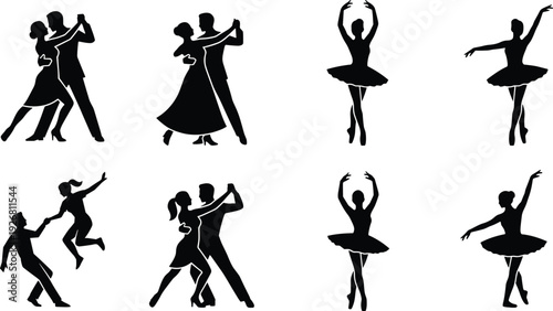 Ballet and ballroom dance silhouette collection featuring elegant couples and solo ballerinas performing graceful artistic poses isolated on white background