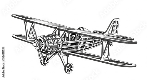 Detailed illustration of a vintage biplane, showcasing intricate mechanical design and structure.