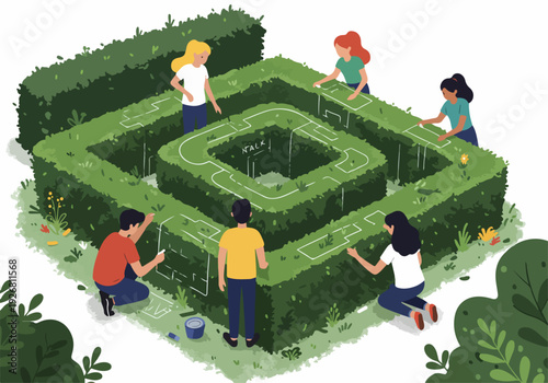 Collaborative Team Mapping Strategy to Solve a Hedge Maze Challenge, Representing Problem Solving and Business Planning.