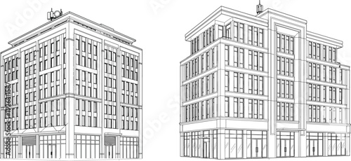 Professional black and white line art vector illustration of a modern multi-story commercial office building exterior facade with windows and architectural details