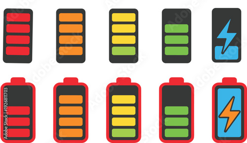 Battery level indicator icons set with charging symbol, low to full power status collection isolated on light background, vector illustration pack