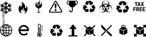 Black packaging and safety icons set with warning symbols, recycle signs, fragile box marks and tax free label isolated vector collection