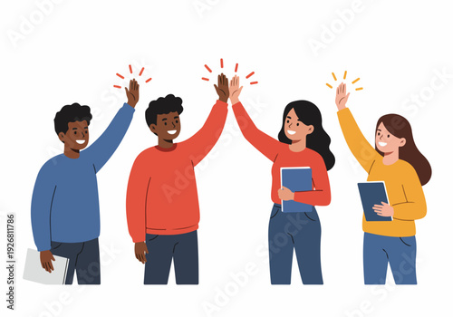 Happy diverse team giving high five celebration. Modern vector illustration of success, teamwork, and unity among colleagues or students.