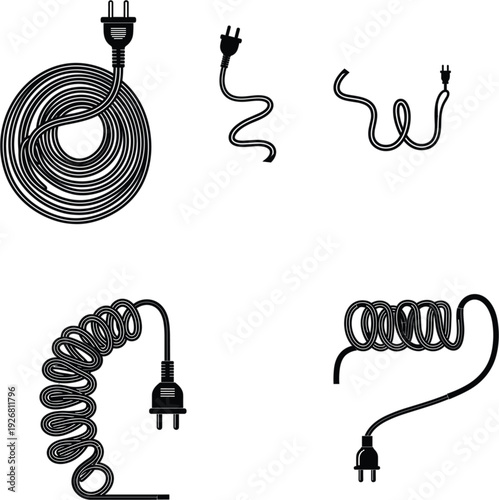 Professional black and white vector silhouette set of electrical power cords plugs and coiled extension cables for industrial hardware design