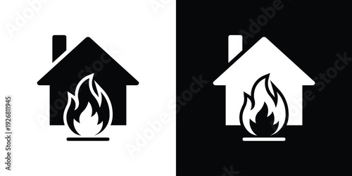 Home fire insurance and safety warning icon. A house silhouette with a large flame in front, representing fire hazards, emergency protection, or residential heating systems.