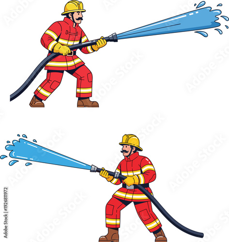 Professional Firefighter in Red Uniform Spraying Water Hose Vector Set for Emergency Service Fire Safety and Heroic Rescue Design
