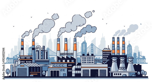 Industrial factory complex emitting pollution into the atmosphere, environmental damage.
