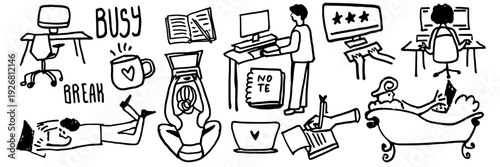 Set of workspace doodles. Busy office sketches. Computer and notebook icons. Freelance workflow isolated on white background.