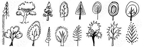 Set of artistic tree sketches. Decorative garden doodles. Abstract botanical elements. Forest flora vector isolated on white background.