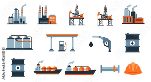 Oil and gas industry icons representing extraction, refining, and transportation processes.