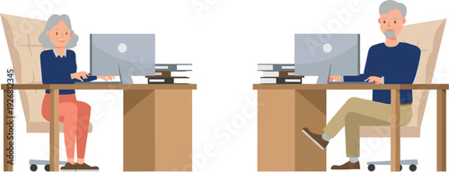 Flat vector illustration set of senior elderly professional man and woman working on desktop computers at office desks