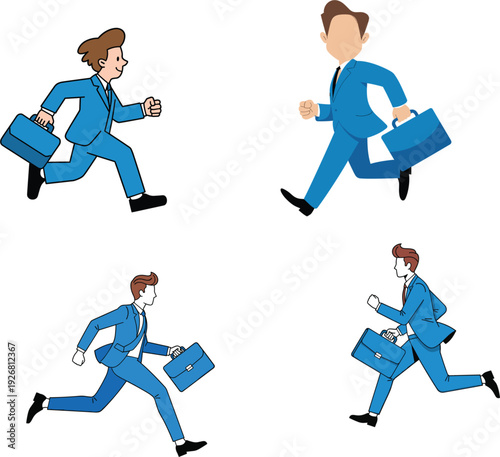 Set of flat vector illustrations featuring professional businessmen in blue suits running and rushing with briefcases for work