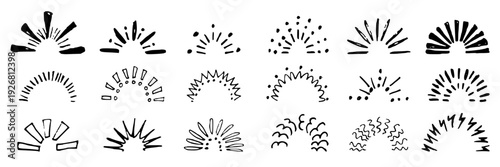Set of sunburst and sunray elements. Abstract light beam sketches. Shine doodles. Decorative rays isolated on white background.
