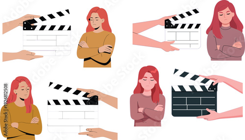 Set of unhappy actress characters with movie clapperboards for film production cinema audition and acting drama industry