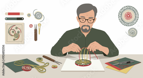 Detailed illustration of a senior man focused on making intricate quilling art using colorful paper strips and crafting tools.