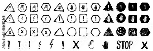 Set of warning stop signs. Caution alert symbols. Safety signal sketches. Information notice icons isolated on white background.