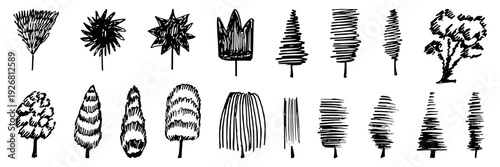 Set of textured tree doodles. Hand drawn forest sketches. Silhouette tree icons. Nature graphics isolated on white background.