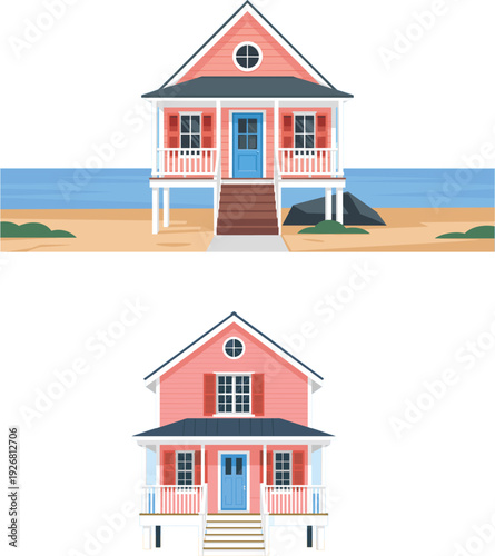 Small pink beach cottage on stilts with white porch and blue door located on sandy coast vector illustration for real estate