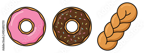 Line art dessert set featuring a pink glazed donut, a chocolate donut with sprinkles, and a braided pastry for sweet snack concepts