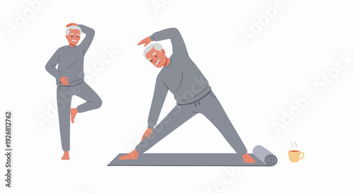 A healthy senior man practicing yoga poses (Tree and Triangle) on a mat, emphasizing active aging and fitness.