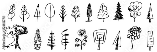 Set of hand drawn tree doodles. Forest nature sketches. Minimalist pine icons. Vector trees isolated on white background.