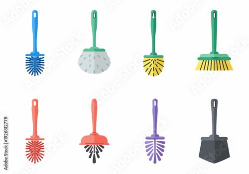 Set of diverse flat design cleaning tools and brushes, including toilet brushes, mops, and scrubbers, for bathroom and household hygiene isolated on white.