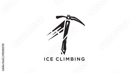 A bold ice climbing logo featuring a stylized ice axe in motion, symbolizing adventure and strength.
