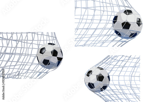 Soccer Ball Hitting the Back of the Goal Net Set Collection Professional Football Championship Match Victory Score Vector