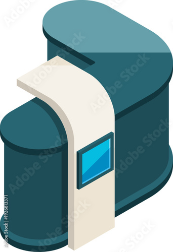 Promotion counter isometric icon. Commercial desk with display