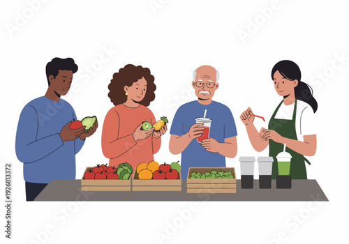 Customers of different ages and ethnicities shop for fresh produce and healthy smoothies at a market stall.