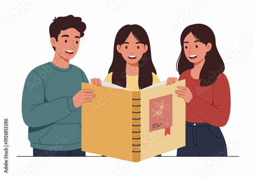 Group of diverse young adults smiling while reading and sharing a large open book, symbolizing teamwork and knowledge.