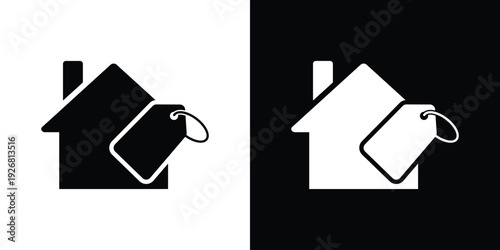 Real estate sales icon featuring a house silhouette with a hanging price tag. Perfect for representing property for sale, house pricing, market value, and residential retail concepts.