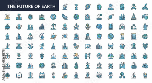 Comprehensive blue business and technology icon pack arranged in organized grid layout with consistent minimal flat style. Collection includes finance, communication, analytics and management symbols 