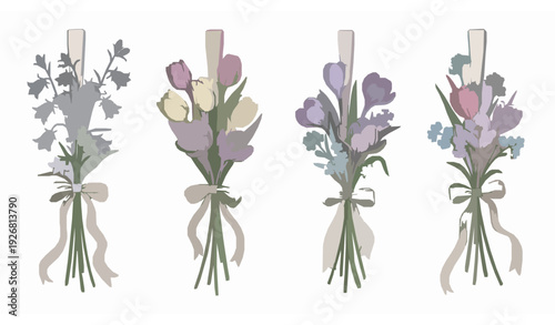 Spring Floral Bouquet Vector Set with Bellflowers Tulips Crocus and Forget Me Not Ribbon Arrangements Clipart Collection