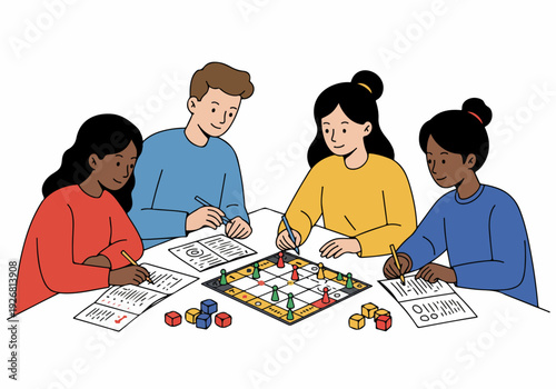 Diverse friends playing a competitive board game, taking notes and enjoying teamwork during leisure time.