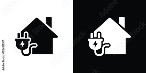 Clean graphic of a residential house silhouette connected to an electric power plug with a lightning bolt. Ideal for smart home energy, charging, and utility service concepts.