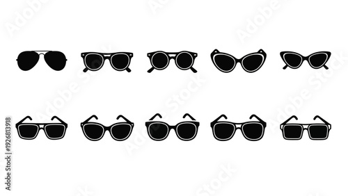 Collection of various black sunglasses on white background.