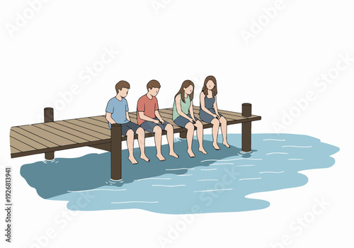 Four young friends sitting on a wooden pier, dangling their feet over the calm blue water during a summer vacation.